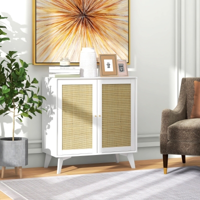 HOMCOM Buffet hoch Aufbewahrungsmöbel Design Bohème doppelte Türen mit 2 Ebenen, Rattanfront 80 x 40 x 85 cm Weiß