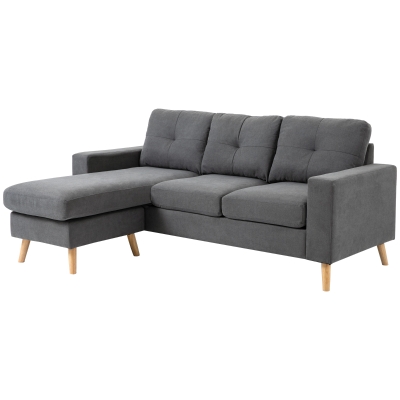 HOMCOM Canapé d'angle au design scandinave, avec boutonnage capitonné, bois massif, aspect lin, Gris