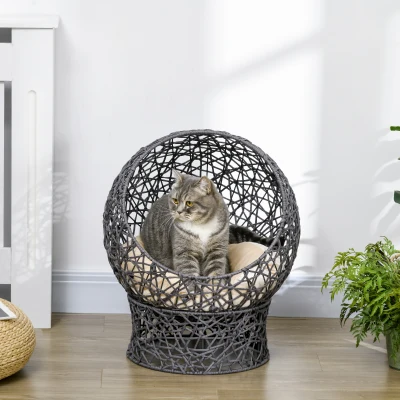 PawHut Panier pour Chat, Grotte pour Chat avec Coussin, 2 pièces, 50 cm x 50 cm x 60 cm, Blanc crème + Marron