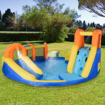 Outsunny Château Gonflable avec Toboggan, Buse d'Eau, Bassin d'eau, Tunnel, 435 x 435 x 200cm