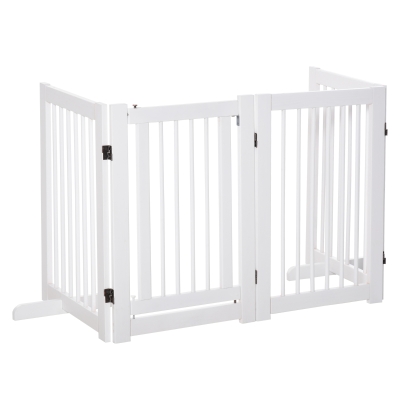 PawHut Barrière de Protection pour Chien 4 Panneaux, 204 x 75 cm Porte Pliable Barrière de Sécurité pour Chiens avec Porte, Barrière pour Chien Autoportante avec 2 Pieds de Support, Barrière pour Escalier en Bois pour Hall, Cuisine, Escalier, Blanc