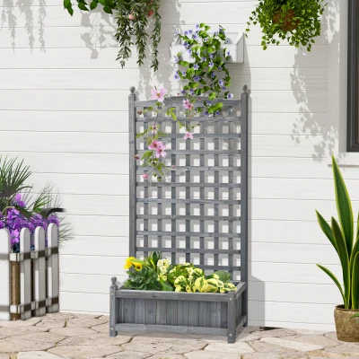 Outsunny Jardinière surélevée avec treillis Bac à fleurs Treillage Roseraie avec Support pour plantes grimpantes Jardin en bois Gris 64 x 28 x 120 cm