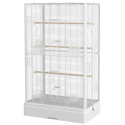 PawHut Vogelkäfig Voliere mit Türen Sitzstangen Käfig für Kanarienvögel Wellensittiche Papageien 61 x 36,5 x 98 cm weiß