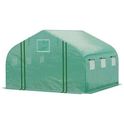 Outsunny Gartengewächshaus-Tunnel Groß 3,5 x 3 x 2 m - 6 Fenster und aufrollbare Reißverschlusstür - Feuerverzinkter Stahl PE Hochdichtefolie Grün