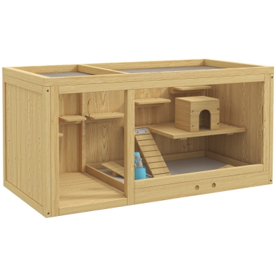 PawHut Cage pour petits animaux en bois, cage à rongeurs, avec accessoires et abreuvoir, 100 x 50 x 50 cm, naturel