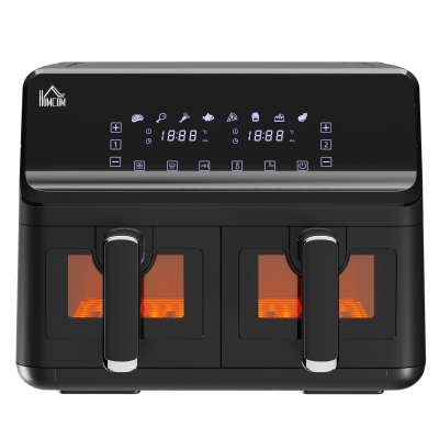 HOMCOM Heteluchtfriteuse met Dubbele Mandjes, 4 Liter per Mand, 8 Programma's, Ingebouwde Verlichting, Timer, 38,5 x 38 x 30,5 cm, Zwart