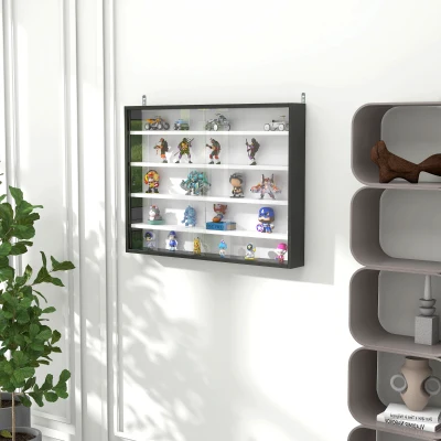 HOMCOM Wandvitrine für Sammlerstücke 5 höhenverstellbare Regale und 2 Glasschiebetüren 80 x 9,5 x 60 cm Schwarz