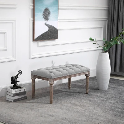 HOMCOM Banc Rembourré, Banquette, Banc de Lit avec Aspect Lin, Banquette de Maquillage pour Couloir, Entrée, Chambre à Coucher, Bois de Caoutchouc, Gris, 81 x 41 x 41 cm