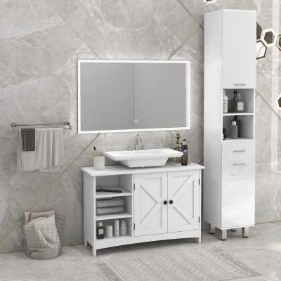 kleankin Badezimmer-Unter-Waschtisch-Möbel, klassischer Stil, 2-Türen-Schrank, höhenverstellbare Regale, 90 x 30 x 60 cm, weiß