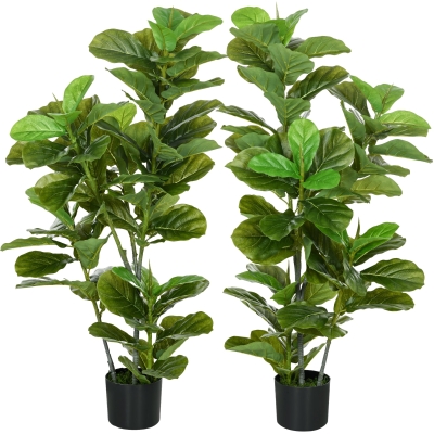 HOMCOM Set mit 2 künstlichen Feigenbäumen Kunstbaum mit Topf inklusive Höhe 110 cm grün
