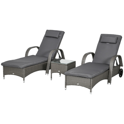 Outsunny Chaise Longue Table d'Appoint Ensemble de Mobilier de Jardin 3 Pièces, Rotin synthétique+Métal Gris+Gris foncé