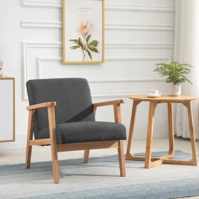 HOMCOM Lounge-Sessel Entspannungssessel Einzelsessel für Schlafzimmer Rahmen aus Hevea-Holz Bezug aus dunklem Leinenstoff