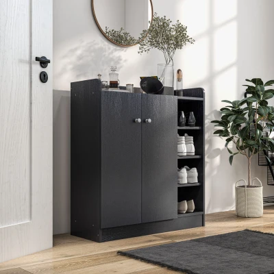 HOMCOM Schuhschrank für den Eingangsbereich - Schuhschrank mit 4 offenen Fächern und doppelter Schranktür - verstellbares Regal - 83L x 30B x 90H cm - Schwarz