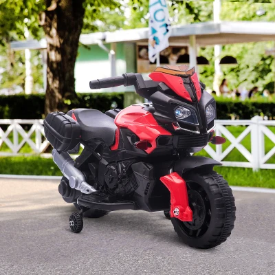 HOMCOM Kinder Elektromotorrad 6 V 3 km/h Licht- und Soundeffekte abnehmbare Räder Trittbretter Seitentaschen Metall PP Rot Schwarz
