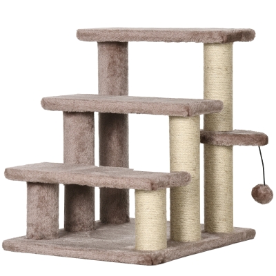 PawHut Arbre à chat, Escalier pour animaux de compagnie, 3 marches, balle de jeu, jusqu'à 5 kg, 45x40x48 cm, Marron