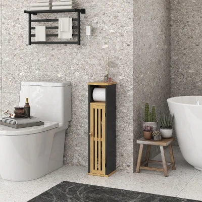 HOMCOM Badezimmerschrank mit Toilettenpapierhalter Aufbewahrung mit abnehmbarer Stange 2 Ebenen + Toilettenpapierauslass MDF Bambus