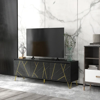 HOMCOM TV-Möbel TV-Bank bis zu 65 Zoll Länge 147 cm marmorierte Effektstruktur 2 Schränke 3 Türen mit Dämpfung verstellbare Regale Kabeldurchführung Belastbarkeit 100 kg - 147 x 35 x 52 cm - Metallbeine