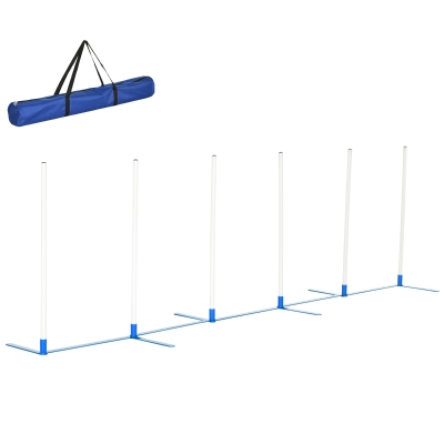 PawHut Slalomstangen Agility Training pour Chiens Ensemble d'Entraînement pour Chiens Incluant Sac de Rangement en Oxford 600D Facile à Transporter Matériau en Polyester Blanc+Bleu 305 x 60 x 94 cm