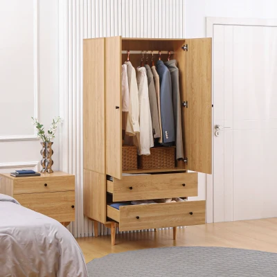HOMCOM Kleiderschrank Garderobe mit 2 Türen, 2 Schubladen und Kleiderstange - 80 x 52 x 180 cm - Holzoptik
