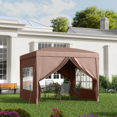 Outsunny 3 x 3 m Paviljoen met 4 zijwanden, ramen, feesttent met UV-bescherming, tuinpaviljoen incl. draagtas, Staal, Koffie