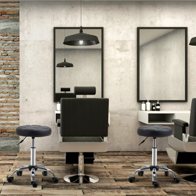 HOMCOM Lot de 2 Tabourets à roulettes réglables en hauteur et pivotants, tabouret de travail avec roues pour salon, bureau, simili cuir, Ø35,5 x 63 cm, Noir
