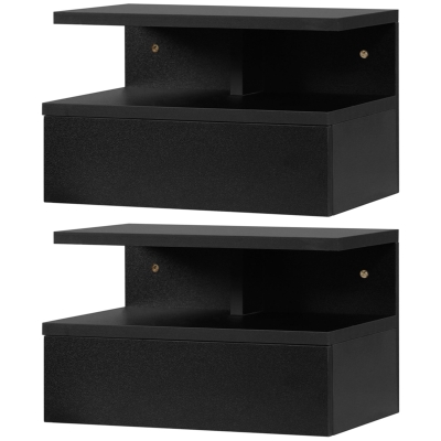 HOMCOM Set von 2 schwebenden Nachttischen - Set von 2 Nachttischen - Ausziehbare Schublade, Fach, Tablett - Schwarz Spanplatten
