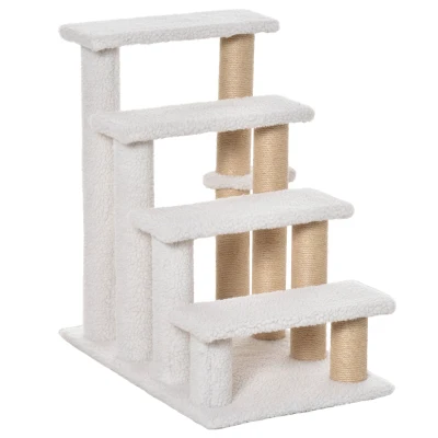 PawHut Échelle Pour Animaux de Compagnie avec Griffoir Balle 4 marches Échelle pour Chat Rampe pour Chien Échelle d’Animal de Compagnie en Panneau de Particules Peluche Jute Blanc 60 x 40 x 64 cm