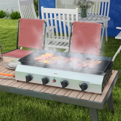 Outsunny Gasgrill aus emailliertem Edelstahl mit 4 Brennern 9,6 kW antihaftbeschichtet große Grillfläche 73L x 34B cm, tragbar
