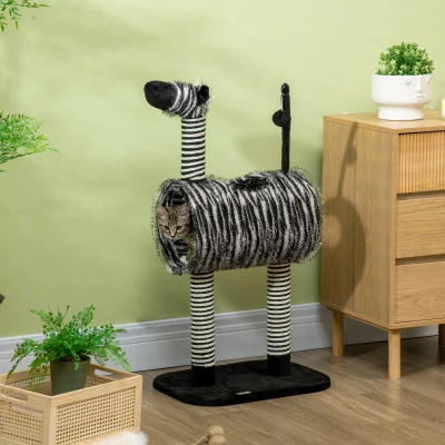 PawHut Kratzbaum au Design Zébré, 1 Tunnel pour chat, 3 Poteaux à griffer 48,5 cm x 35 cm x 93 cm, Noir + Blanc