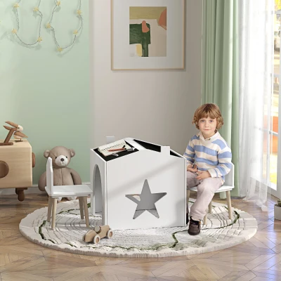 AIYAPLAY Set 1 Tisch und 2 Stuhl 3-teilig für Kinder, Schiefertafel, MDF und Kieferbeine, für 3-8 Jahre, Weiß