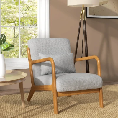 HOMCOM Lounge-Sessel mit Gestell aus massivem Kautschukholz - tiefe Sitzfläche - Armlehnen - helles graues Samt