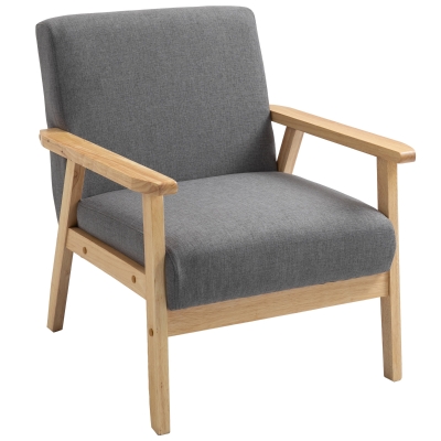 HOMCOM Fauteuil au design scandinave, Fauteuil d'appoint, Bois massif, aspect lin, 64 cm x 70 cm x 72 cm, Gris + Naturel