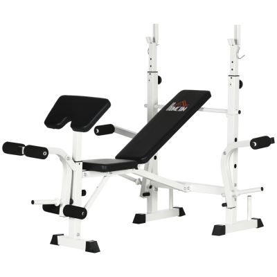 HOMCOM Banc de Musculation avec Support de Barre, Presse pour la Poitrine, Presse pour les Jambes, Accoudoir pour les Biceps Curl, Acier, noir + blanc