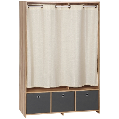 HOMCOM Kleiderschrank Kleiderschrank mit Stange Gardinen 3 herausnehmbare Stoffschubladen 105 x 48 x 160 cm Natur