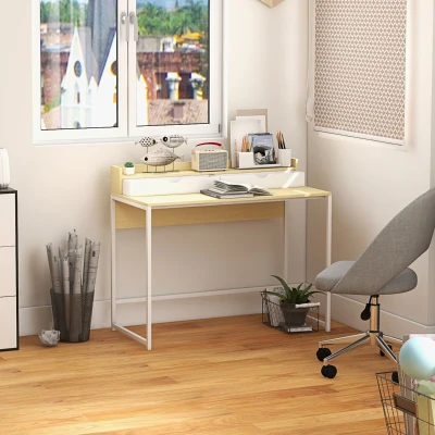 HOMCOM Schreibtisch mit Regal und 2 Schubladen im modernen Stil in Naturholzoptik und weißem Metall - 106L x 50B x 89H cm