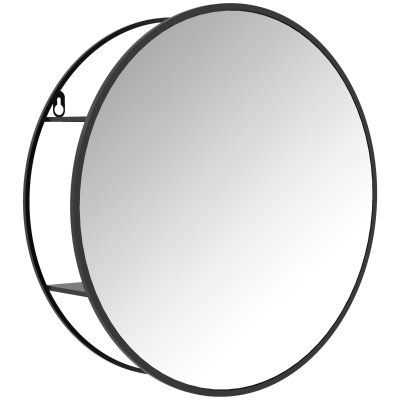 HOMCOM Runder Wandspiegel mit 2 Regalen für Badezimmer, schwarzer Metallrahmen, Durchmesser 50 cm