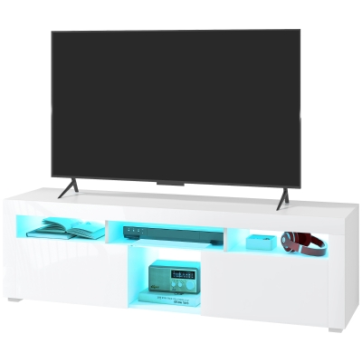 HOMCOM TV-Schrank, TV-Ständer, bis zu 55 Zoll, mit LED, Regalen und Schränken, 150 x 38 x 45 cm, Hochglanz Weiß