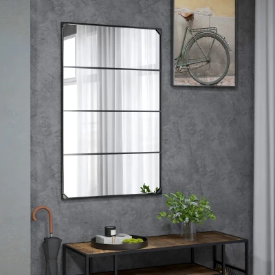 HOMCOM Rechteckiger Wandspiegel Verrière im Industriestil, horizontal oder vertikal mit 4 Haken, in Schwarzem Metall 109 x 69 cm