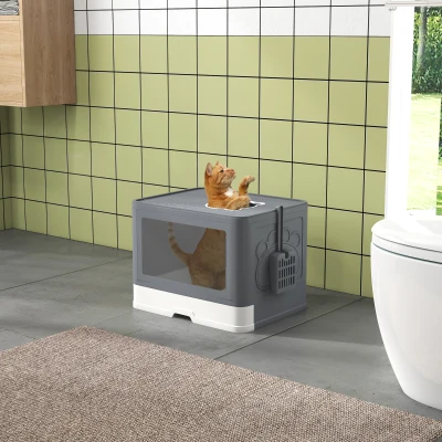 PawHut Litière pour chat Bac à litière pour chat avec couvercle, 2 sorties, 48,5 x 38 x 36,5 cm, Gris + Blanc
