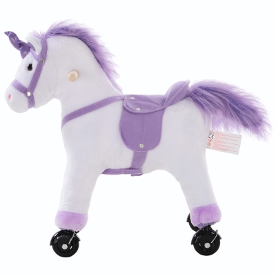 HOMCOM Cheval à bascule à roulettes Licorne en peluche violette 55 x 23 x 60 cm