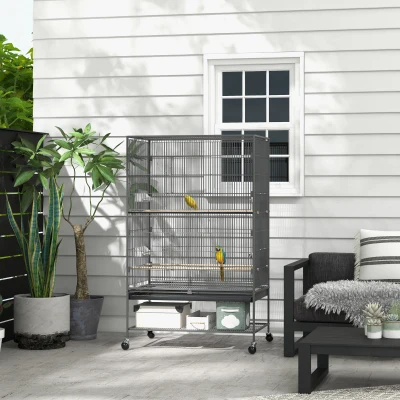PawHut Cage à Oiseaux avec Perchoirs, Jouets pour Oiseaux, Tiroir Amovible, 1 Étagère, Gris