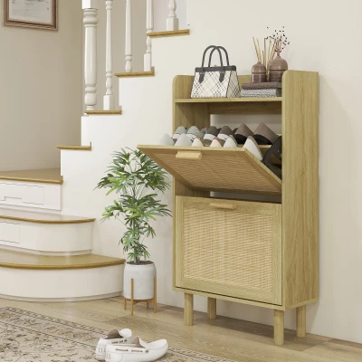 HOMCOM Schuhschrank 2 Schwenktüren Regal geflochtene Rattan-Optik Bohème Design - Maße 80L x 24,5B x 110H cm