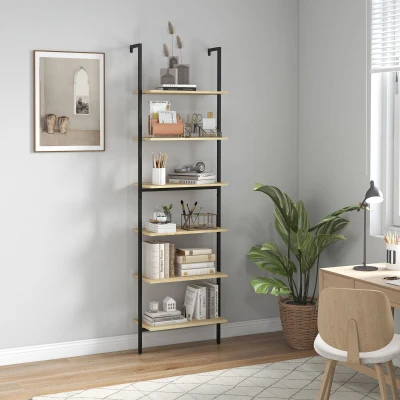 HOMCOM Wandregal Leiterregal Bücherregal Industriestil 6 Regale Schwarzer Stahl Natürliche Holzoptik Maße 60L x 30B x 206H cm