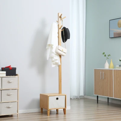 HOMCOM Aufbewahrungsmöbel mit Schublade, Kleiderständer und Bank in 1 im skandinavischen Stil Polyester Hellgrau massives Bambusholz