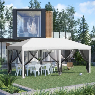 Outsunny Gartenpavillon Barnum Faltbarer Pop-up 6 x 3 m abnehmbare Moskitonetze + Transporttasche Creme Schwarz