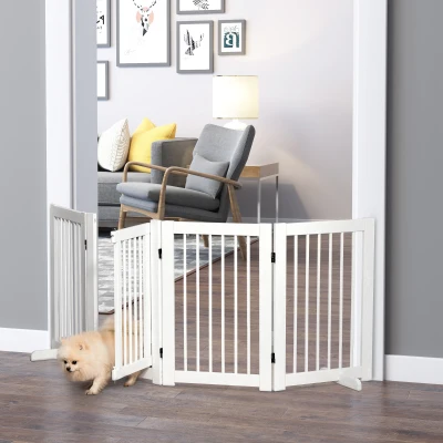 PawHut Barrière de Sécurité pour Chiens 4 Panneaux, 220 x 91 cm, Pliable Porte, Barrière Autoportante pour Chiens avec 2 Pieds de Soutien, Barrière en Bois pour Couloir, Cuisine, Escalier, Blanc