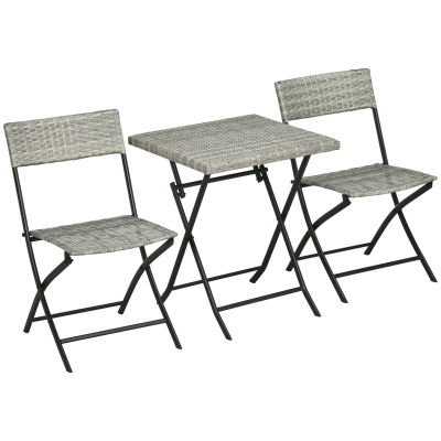 Outsunny Ensemble de jardin 3 pièces, 2 chaises pliantes, 1 table pliante, imitation rotin, cadre en métal, gris clair