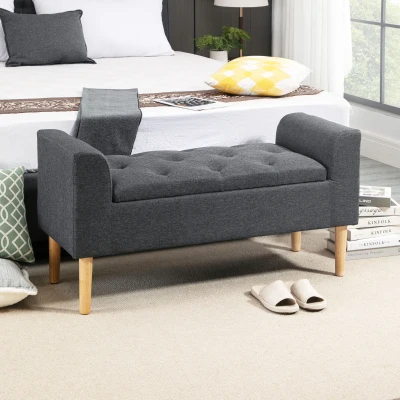 HOMCOM Bank mit Stauraumtruhe 2-in-1 Chesterfield-Design Gepolsterte Sitzfläche geschwungene Armlehnen Konische Beine aus Gummiholz Leinenoptik Grau