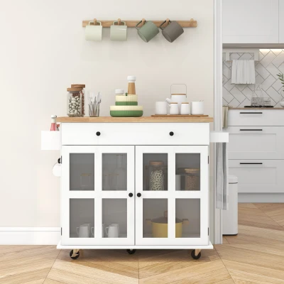 HOMCOM Kücheninselwagen mit Mehrfachlagerung, Schublade, Schranktüren Regal, 115,5L x 46,2B x 86,5H cm, weißes Kautschukholz