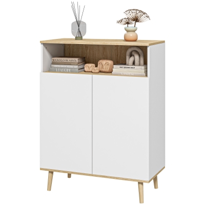 HOMCOM Skandinavisches Aufbewahrungsmöbel, Sideboard auf Beinen, 2-türiger Schrank mit innerem Regal Weiß und Holzoptik